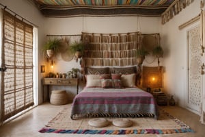Eye-Level View, Bed Room, Bed, Open Plan, Bohemian (Boho), Vibrant, Decorative Lighting, Natural Fibers with a Woven texture, Books, Romantic