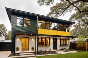 house exterior industry style, dark yellow and green color scheme, like an oldtime industry factory,raw materials, exposed structural elements, and simple, clean lines,rough-hewn steel, polished concrete, glass, and exposured brick, coconut forset hill