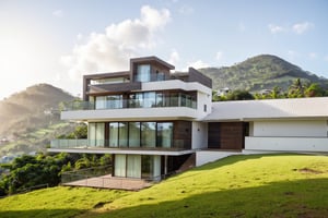 a contemporary luxury house with large span balcony on a slope hill , glass railing, coconut trees, morning sunlight