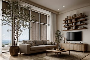 RAW photo, wabi-sabi livingroom interior, wabisabi interior style, design tends to be minimalist, 
Think muted tones of beige, gray, brown, and green to create a calming and natural atmosphere, earthy color palette, rough-hewn wood, handmade textiles, and natural fabrics, 
sofa, armchair, table, rug, wood floor, drapes,glass window,  exposured wood ceiling, stucco wall,  television, cabinet, flower vase, picture frames, celling fan, antique furniture and decor items,
natural light, softlight,
8k uhd, dslr, soft lighting, high quality, film grain, Fujifilm XT3 ,
