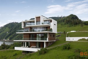 a contemporary luxury house with large span balcony on a slope hill nearby the river, glass railing, coconut trees