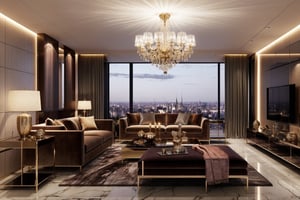 beautiful luxurious livingroom, luxury interior style, photo take in the twilight time,