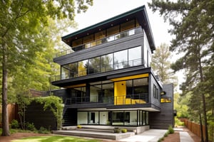 house exterior industry style, dark yellow and green color scheme, like an oldtime industry factory,raw materials, exposed structural elements, and simple, clean lines,rough-hewn steel, polished concrete, glass, and exposured brick,