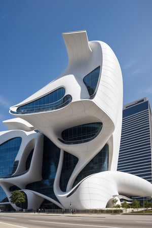 exterior of building, smooth form building, futuristic feeling, design by Zaha Hadid
