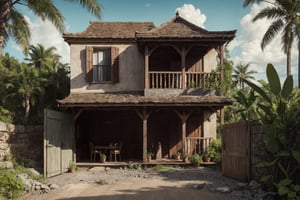 award winning photography of house in (colonical style), tropical landscape, gravel coutyard, oldtime wall, 
