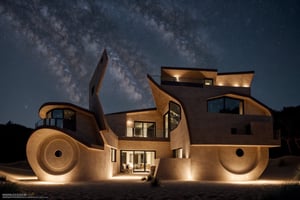 exterior contemporary house in a beautiful sand dune, midnight, star sky, lighting indoor,

