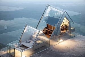 full ((transparent glass)) house, lighting inside, full furniture inside, aerial view, 
