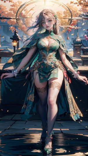 high resolution,  fleshy slender beautiful full body, ultra detailed,  (masterpiece:1.4), taeri,  busty, super photo realistic illustration, highres, ultla detailed, absurdres,  best quality, fleshy slender beautiful full body,

(1 beautiful woman in a luxurious costume of gold and teal blue, with a royal and elegant atmosphere),
her top is teal blue, fitted at the waist, and has frills and ribbons, ( the top has gold work on it, with shiny and intricate patterns),
(her skirt is short, revealing black stockings with gold details), the stockings have a smooth and silky texture, she wears a large cloak of gold and teal blue, which flutters in the wind (the cloak has lavish embroidery, with glossy and elaborate designs),
the background and the floor are scattered with gold accessories and ornaments, which emphasize her splendor and beauty, fleshy slender beautiful full body, masterpiece, intricate, lace halter neck, low angle full body shot, ultra detailed blonde hair and brown eyes, (head set&idol costume), fleshy slender beautiful full body, thighlet, mustard , detailed face, gold_trim, (with khaki see-through_dress:1.3), lace_trim capelet, mustard waving very long hair ribbon, one messybun, metalic breastplate,rowrise skirt,halberd,eyelet wide belt,pantyhose,many jewel and goldsmith,navel exposed, decorative tiara,, green theme, exposure blend,  bokeh,  (hdr:1.4),  high contrast,  (cinematic,  teal and orange:0.85),  (muted colors,  dim colors,  soothing tones:1.3),  

(god bless you:1.3),
compassionate expression, empathetic, caring, kind,
content expression, satisfied, pleased, gratified,
thoughtful expression, pensive, reflective, contemplative,
determined expression, resolute, purposeful, firm,

(colorful:1.5), glowing lights, pillar of lights, blooming light effect,
papier colle, paper collage, layered compositions, varied textures, abstract designs, artistic juxtapositions, mixed-media approach,
(Zentangle:1.5), structured patterns, meditative drawing, intricate designs, focus and relaxation, creative doodling, artistic expression,yoimiyadef,ayaka_genshin,outfit-km,

//Background 
depth of field, London skyline,
BREAK 

//Effect 
lens flare, light particles, perfect lighting, reflecting puddles, rich in details and textures,
BREAK

//Lighting 
fine dust reflected in light, strong sunlight,
BREAK