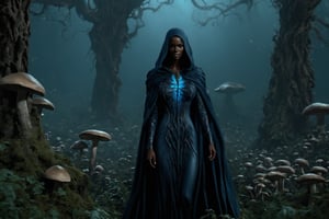PhotoReal, hyper realistic photograph. Ultra high definition photography. A mysterious etiopian , African model very sexy ,erotic ,long hair , witch cloaked in blue chaos energy, standing in a dark forest of dark trees,  gothic ,mushrooms (mushroom) glowing with a powerful energy. realistic, stunning realistic photograph, 3d render, octane render, intricately detailed, cinematic, trending on artstation, Isometric, Centered hipereallistic cover photo, awesome full color, hand drawn, dark, gritty, mucha, klimt, erte 12k, high definition, cinematic, behance contest winner, full body featured on unsplash, stylized digital art, smooth, ultra high definition, 8k, unreal engine 5, ultra sharp focus, intricate artwork masterpiece, ominous, epic, TanvirTamim, trending on artstation, by artgerm, h. r. giger and beksinski, highly detailed, vibrant,diablo 4 style,Movie Still