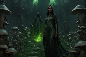 PhotoReal, hyper realistic photograph. Ultra high definition photography. A mysterious etiopian , African model very sexy ,erotic ,long hair , witch cloaked in green chaos energy, standing in a dark castel ,  gothic ,mushrooms (mushroom) glowing with a powerful energy. very sexy , realistic, stunning realistic photograph, 3d render, octane render, intricately detailed, cinematic, trending on artstation, Isometric, Centered hipereallistic cover photo, awesome full color, hand drawn, dark, gritty, mucha, klimt, erte 12k, high definition, cinematic, behance contest winner, full body featured on unsplash, stylized digital art, smooth, ultra high definition, 8k, unreal engine 5, ultra sharp focus, intricate artwork masterpiece, ominous, epic, TanvirTamim, trending on artstation, by artgerm, h. r. giger and beksinski, highly detailed, vibrant,diablo 4 style,Movie Still