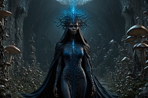 PhotoReal, hyper realistic photograph. Ultra high definition photography. A mysterious etiopian , African model very sexy ,erotic ,long hair , witch cloaked in blue chaos energy, standing in a dark castel ,  gothic ,mushrooms (mushroom) glowing with a powerful energy. very sexy , realistic, stunning realistic photograph, 3d render, octane render, intricately detailed, cinematic, trending on artstation, Isometric, Centered hipereallistic cover photo, awesome full color, hand drawn, dark, gritty, mucha, klimt, erte 12k, high definition, cinematic, behance contest winner, full body featured on unsplash, stylized digital art, smooth, ultra high definition, 8k, unreal engine 5, ultra sharp focus, intricate artwork masterpiece, ominous, epic, TanvirTamim, trending on artstation, by artgerm, h. r. giger and beksinski, highly detailed, vibrant,diablo 4 style,Movie Still
