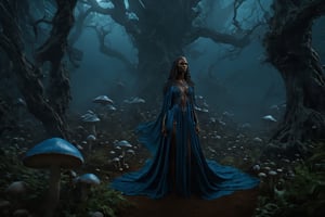 PhotoReal, hyper realistic photograph. Ultra high definition photography. A mysterious etiopian , African model very sexy ,erotic ,long hair , witch cloaked in blue chaos energy, standing in a dark forest of dark trees,  gothic ,mushrooms (mushroom) glowing with a powerful energy. very sexy , realistic, stunning realistic photograph, 3d render, octane render, intricately detailed, cinematic, trending on artstation, Isometric, Centered hipereallistic cover photo, awesome full color, hand drawn, dark, gritty, mucha, klimt, erte 12k, high definition, cinematic, behance contest winner, full body featured on unsplash, stylized digital art, smooth, ultra high definition, 8k, unreal engine 5, ultra sharp focus, intricate artwork masterpiece, ominous, epic, TanvirTamim, trending on artstation, by artgerm, h. r. giger and beksinski, highly detailed, vibrant,diablo 4 style,Movie Still
