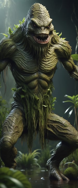 Highly detailed image, swamp monster, full body, (dynamic pose with plants: 1.3), ((best quality)), cinematic lighting, ultra realistic, RAW, 8k, 