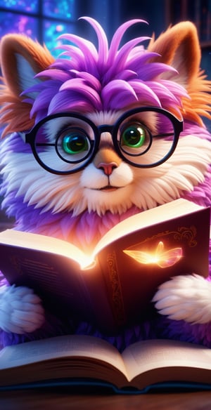 fuzzy creature wearing glasses reading magic book, digital art style, high_res, 8k, HDR, high quality, hyper-detailed, cinematic lighting 
