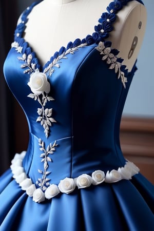 There is a blue wedding dress with small decorations in the shape of white  and dark blue roses 