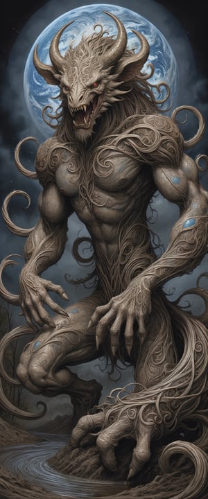  by Aaron Horkey, the majestic earth elemental emerges from the muddy ground, (((Element EARTH))), fantastical being's body composed of rich fertile soil adorned with intricate patterns resembling swirling vines and blooming flowers, extraordinary and visually striking work of art, high angle, cinematic lighting, cinematic, monster
