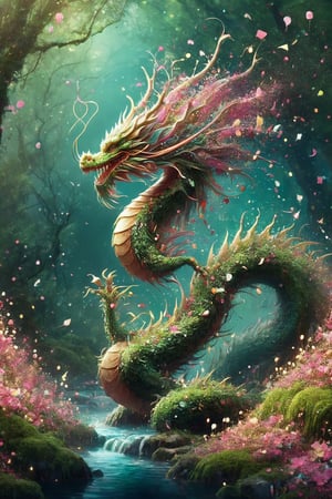 ("cute adorable moss dragon in an enchanted foresr, dissolving into glitter and clover flowers ::  water dripping"), fairytale concept art, by Alberto Seveso, Cyril Rolando, Dan Mumford, Carne Griffiths, Meaningful Visual Art, Detailed Strange Painting, Digital Illustration, Unreal Engine 5, 32k maximalist, hyperdetailed fantasy art, 3d digital art, sharp focus, masterpiece, fine artm DragonConfetti2024_XL