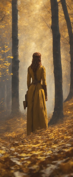 A woman standing in a forest, waiting for his return, middle ages, fall, yellow brown and rust-colored leaves, epic, fantasy, intricate, concept art, soft natural volumetric cinematic light  