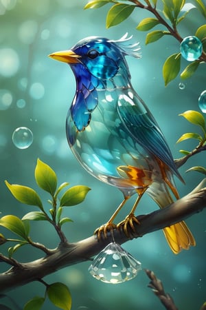 Elegant glass bird perched on a branch,  depth of field
