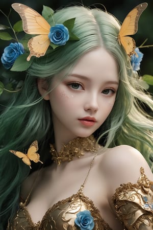 splash art, digital painting, alcohol ink painting, luminism, golden lines, BjD doll face, porcelain skin, baroque, long swirling green hair, lavish green leaves, falling blue flowers, celestial lighting, butterflies, tree branches, sky, golden glowing, water drops,

best quality, masterpiece, high res, absurd res,
perfect lighting, vibrant colors, intricate details,
high detailed skin, pale skin,
,HUBGGIRL, HUBG_Mecha_Armor