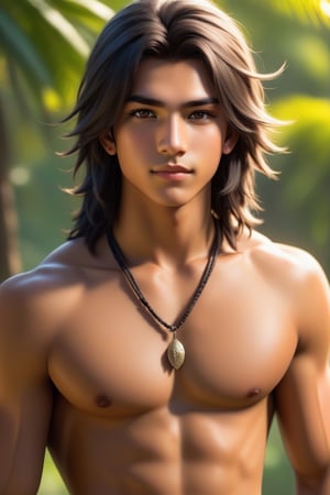 (((full body))), beautiful 16yo native male, flirtatious, shirtless, detailed hair, detailed eyes,more detail XL