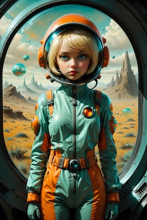 ((full_body)), 20yr old woman with short blonde hair, breathtaking photorealistic photo of woman wearing an Aqua and Orange mech suit indoors (on alien spaceship), wearing bubble helmet, face visible, by Craig Davison, Dave Dorman, and Drew Struzan, symmetrical outfit. large window with a view of alien planet landscape, high quality, photorealism, chromatic aberration, lens distortion, sharp focus, highest detail, in the style of esao andrews