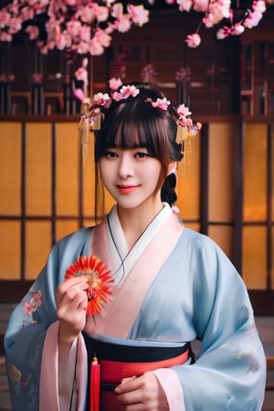 1girl,hanfu,(Chest Shot:1),(falling petal background:1),(looking_at_viewer:1),realistic,(blunt bangs:1),(standing:1),(hair flower garland:1),4k,room2,zstyle