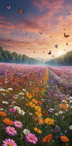 Hyperrealistic photo of a field of flowers, millions of butterflies of many colors flying over and flying in space. Beautiful scene, very warm, ultra-detailed, hyper-realistic, colorful, distant