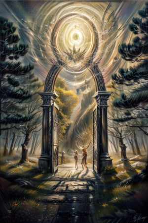 Masterpiece, detailed portrait of mythical gate to different dimension, fantasy world, middle of forest, night time, sharp and professional artwork