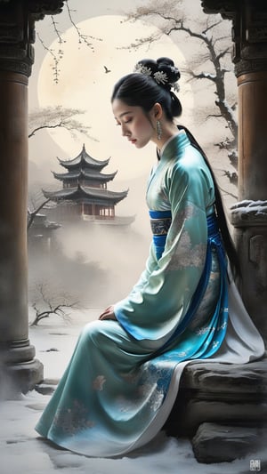 best quality, masterpiece,	
In the snow-covered gardens of the Wei palace, Zhen Ji is rendered with an ethereal beauty, her winter Hanfu swirling around her as if caught in the wind. The artistry of the scene, painted in delicate watercolors, encapsulates her tragic elegance and the profound impact of her story, set against the grandeur and the cold splendor of her surroundings.

ultra realistic illustration, siena natural ratio, ultra hd, realistic, vivid colors, highly detailed, UHD drawing, perfect composition, ultra hd, 8k, he has an inner glow, stunning, something that even doesn't exist, mythical being, energy, molecular, textures, iridescent and luminescent scales, breathtaking beauty, pure perfection, divine presence, unforgettable, impressive, breathtaking beauty, Volumetric light, auras, rays, vivid colors reflects.,LegendDarkFantasy,chinese dragon