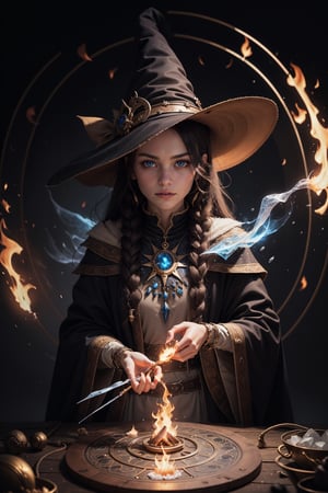Masterpiece, Best Quality,  1girl, witch, casting ice magic, magic circle, [fire:ice], dark fantasy theme, cowboy shot, looking at viewer.
