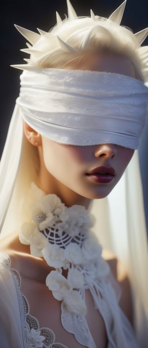 An albino woman, Dressed in intricate lace,((beautifully blindfolded by lace:1.2)), shamanism,Intricate hair ornaments, spikes, her presence is mesmerizing, her porcelain skin glistening in the moonlight, sharpening the senses, manipulating ancient wisdom, communing with spirits, her ethereal beauty and mysterious aura evoke awe