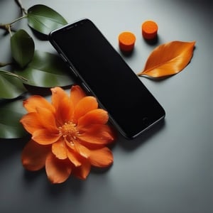 masterpiece, best quality, photography advertising of phone products, myphamhoahong photo, flower, (orange flower:1.2), leaf, branch, petals, plant, gradient, garden, realistic, cold theme, scenery, shadow, still life 