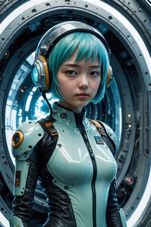 ((full_body)), 18yr old Japanese Girl, AQUA short hair, breathtaking photorealistic photo of girl with aqua hair wearing mech suit indoors (on alien spaceship) by Craig Davison, Dave Dorman, and Drew Struzan, symmetrical outfit. patch panels, computers, buttons, switches, screen, window with a view of outer space. wearing bubble helmet, face visible. high quality, photorealism, chromatic aberration, lens distortion, sharp focus, highest detail.
