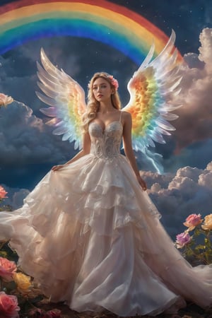 highly detailed,dynamic,cinematic,stunning,realistic lighting and shading,vivid,vibrant,8k,octane render,unreal engine,very detailed,concept art,realistic,Cry engine,(Night, starry sky, aurora, shooting stars across the night sky:1.3),1girl,angel,(solo:1.6),Seraphim,holy angel,angel,huge wings,standing above the clouds,majestically looked down,Cloud,cloud underfoot,cloudy,(Milky skin, shiny skin:1.3),(Transparent clothes:1.5),(rainbow:1.7),flower,hair flower,(cloudy sky,sky:1.4),long hair,blonde hair,hair orament,breasts,dress,bare shoulders,(full body:1.2),A shot with tension,(sky glows red,Visual impact,giving the poster a dynamic and visually striking appearance:1.2),