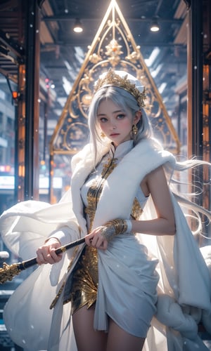 Illustrate a girl with the power of ice, featuring ice-white hair and clothing,  (The priest's costume is all white with gold trim, Sleeveless, short hem, exposing arms and thighs), (Holding an intricately carved crystal staff), set in a snowy landscape. Emphasize (((intricate details))), (((highest quality))), (((extreme detail quality))), and a (((captivating winter composition))). Use a palette of cool blues and whites, drawing inspiration from artists like Artgerm, Sakimichan, and Stanley Lau. midjourney, ((dynamic photography)),More Detail,Realism,chinatsumura