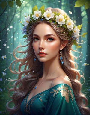 a woman with long hair and a wreath of flowers in her hair, fey queen of the summer forest, by Charlie Bowater, charlie bowater art style, by Magali Villeneuve, style of charlie bowater, very beautiful fantasy art, charlie bowater and artgeem, magali villeneuve', beautiful fantasy painting, fairy cgsociety, goddess of the forest