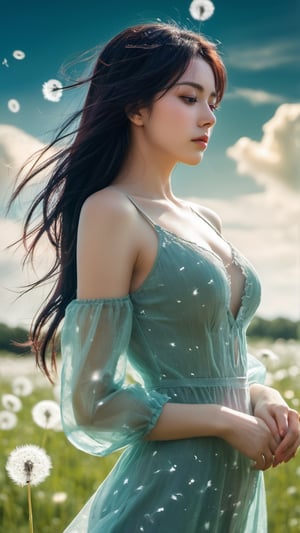 xxmix_girl,(long-shot photo:1.4) of a beatutiful woman wearing a sheer summer dress (blowing a dandelion), ((dandelion field)), stars and moonlight rays, colorful, (photo-realisitc), nebula background, nebula theme,exposure blend, full body shot, bokeh, (hdr:1.4), (wind:1.5), high contrast, (cinematic, teal and green:0.85), (muted colors, dim colors, soothing tones:1.3), low saturation, hourglass body shape, EpicSky, cloud, hourglass body shape,fate/stay background,FilmGirl,b3rli,3d style