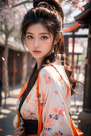 1girl, Sweet face, full body, very huge breasts, charming eyes, looking to audience, {beautiful and detailed eyes}, eye smile, ((nervous and embarrassed)), sexy lips, delicate facial features,((model pose)), Glamor body type, (dark hair:1.2),  long ponytail, curly hair, Female Samurai, {{holding a Japanese Sword}}, beautiful hanfu(orange, transparent), Japan temple, spring morning, under sakura tree, (sakura petals scattered), flim grain, masterpiece, Best Quality, natural and soft light photorealistic, ultra-detailed, finely detailed, high resolution, sharp-focus, glowing forehead, perfect shading, highres, photorealistic,perfect