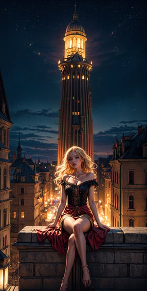 Masterpiece, 16k, intricate details, highest resolution, long shot, perfect lighting, unreal engine, colorful, elaborate and detailed scene, the most beautiful girl, long wavy blonde hair, wide shot, "Prepare for a captivating vision: An enchanting European woman seated gracefully on a tower balcony under a starry night sky, relishing her coffee. Her whimsical nightdress, teasingly absent of pants, adds an artistic twist. Amidst the magic, a daring thief ascends the tower in the backdrop" 