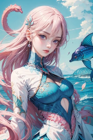 masterpiece, white backhround, beautiful, woman in a blue and white outfit with, fine details, anime, Miho Hirano style, humanoid pink female seahorse, covered with fish scales, Miho Hirano art