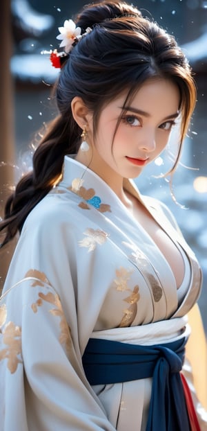 The background is night sky,midnight,moon,milky way,snow,16 yo, 1 girl,beautiful girl,Female Samurai, Holding a Japanese Sword, shining bracelet,beautiful hanfu(white, transparent),cape, solo, {beautiful and detailed eyes}, calm expression, natural and soft light, delicate facial features,very small earrings, ((model pose)), Glamor body type, (dark hair:1.2), beehive,long ponytail,very_long_hair, hair past hip, curly hair, flim grain, realhands, masterpiece, Best Quality, photorealistic, ultra-detailed, finely detailed, high resolution, perfect dynamic composition, beautiful detailed eyes, eye smile, ((nervous and embarrassed)), sharp-focus, full_body, sexy pose,cowboy_shot,ruanyi0060,colorful_girl_v2,Samurai girl
,smile, (oil shiny skin:1.0), (big_boobs:3.6), willowy, chiseled, (hunky:3.4),(( body rotation -35 degree)), (upper body:1.2),(perfect anatomy, prefecthand, dress, long fingers, 4 fingers, 1 thumb), 9 head body lenth, dynamic sexy pose, breast apart, (artistic pose of awoman),orbstaff,photo r3al,cutegirlmix,DonMM1y4XL,Katon,fire element,composed of fire elements,NIJI STYLE