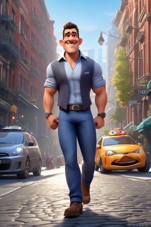full body, expressive caricature in Pixar style, unreal, mischievous, (Antonio Banderas), on the city street, dynamic pose, cartoon art, trending style on artstation, sharp focus, studio photography, intricate details, very detailed, by Greg Rutkowski, sharp focus, depth of field, unreal engine, perfect composition, digital art on Pixiv Fanbox, art station, 8k, hdr