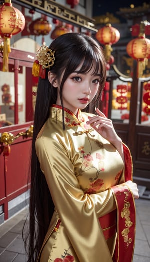 (masterpiece, top quality, best quality, official art, beautiful and aesthetic:1.2), hdr, high contrast, wideshot, 1girl, long black wavy hair with bangs, looking at viewer, clearly brown eyes, longfade eyebrow, soft make up, ombre lips, large breast, cheering viewer, naughty girl, sexy chinese clothes, (chinese new year on the night theme:1.5), finger detailed, background detailed, by KZY, frosty, ambient lighting, extreme detailed, cinematic shot, realistic ilustration, (soothing tones:1.3), (hyperdetailed:1.2)
