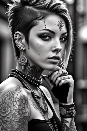 a punk rock girl with tattoos and piercings,

in black and white,

ultra high definition,

realistic,

vivid colors,

Very detailed,

UHD drawing,

pen and ink,

perfect composition,

beautiful, detailed, intricate and incredibly detailed octane rendering that is trending on artstation,

8k art photography,

photorealistic conceptual art,

Soft natural volumetric cinematic perfect light.