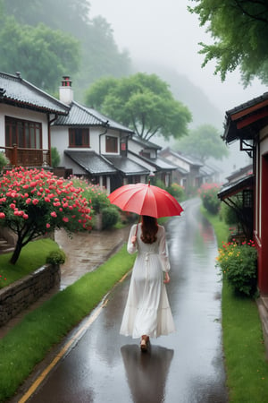 
ariel view, a beautiful quiet street in the rain with flowers in the background, in the style of 32k uhd, traditional chinese landscape, a young girl in white long dress walking in the rain ,holding an red umbrella, i can't believe how beautiful this is, cottagecore, romantic riverscapes, mist, reverent and tranqui,detailmaster2, cinematic moviemaker style