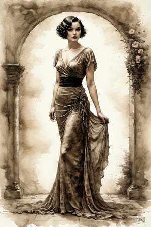 Vintage tshirt print design (on a watercolor paper background:1.2), Pencil drawing of Italian beauty. She stands poised and radiant against a wall, adorned with drapped fabric. The actress is dressed in a breathtaking 1920s dress that hugs her figure gracefully. Her feet are ensconced in high-heeled stilettos. Her hair is styled in an elaborate coiffure, framing her face beautifully. Her makeup is striking - bold eyes, perfectly contoured cheeks, and lips painted in a seductive color, delicate, filigram, centered, intricate details, illustration style, Leonardo Style, ink sketch, itacstl,comic book,retro ink