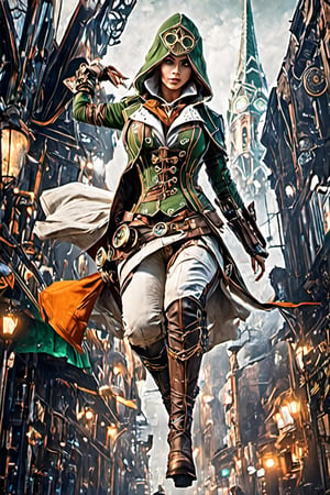  female assassin creed parkour flying between edges ,
1girl, 
Irish_clothes, 
Green white clothes,
Orange and white lines,
hoodie on head, 
Visible Cleavage, 
Big ass ,
Large hips,
Hourglass figure, 
Background city's ver o peso ,
Cloverleaf neon sign, 
high_resolution, 
high detail, 
perfect body, 
side view,steampunk style,Movie Still,Film Still,Cinematic,steampunk,HZ Steampunk,more detail XL,veropeso