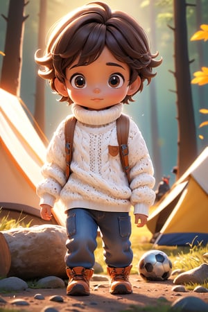 best quality, masterpiece, beautiful and aesthetic, vibrant color, Exquisite details and textures,  Warm tone, ultra realistic illustration,	(cute Latino Boy, 5year old:1.5),	(Camping theme:1.4), camping with my dog,	cute eyes, big eyes,	(a surprised look:1.3),	cinematic lighting, ambient lighting, sidelighting, cinematic shot,	siena natural ratio, children's body, anime style, 	head to toe,	dark brown bun hair,	wearing a white highneck long_sleeve knit sweater and jeans, 	ultra hd, realistic, vivid colors, highly detailed, UHD drawing, perfect composition, beautiful detailed intricate insanely detailed octane render trending on artstation, 8k artistic photography, photorealistic concept art, soft natural volumetric cinematic perfect light. 