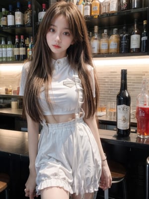 a girl,16y,wear White suspender skirt,in the bar